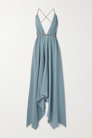 Yazil Asymmetric Leather-trimmed Cotton-gauze Maxi Dress - Light blue