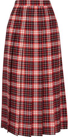 Pleated Tartan Crepe De Chine Midi Skirt - Red