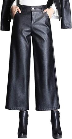HaoMay Women's High Waist Wide Leg PU Faux Leather Cropped Pants Culottes at Amazon Women’s Clothing store