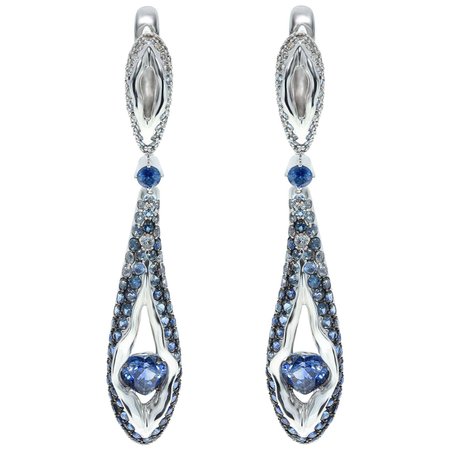 Sapphire Diamond 18 Karat White Gold Heartbeat Earrings For Sale at 1stDibs