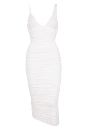 Clothing : Bodycon Dresses : 'Alexia' White Ruched Midi Dress