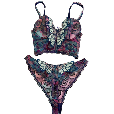 NWT Vintage French Iridescent Kaleidoscope Blue & Purple Butterfly Bustier & Panty Lingerie Set (Adjustable / Large) — sororité.
