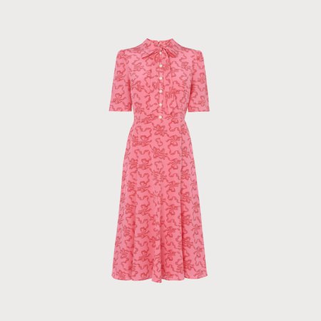 L.K.Bennett Montague Pink Bow Print Silk Tea Dress