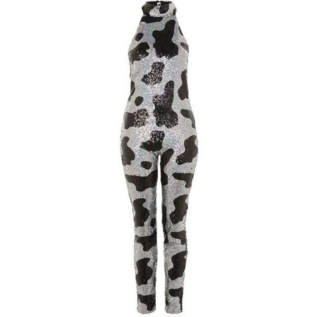 Cow Print Sequin Embellished Catsuit by Jaded London