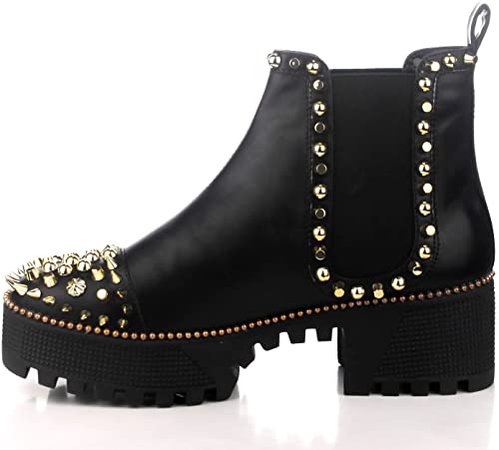 Amazon.com | Cape Robbin Spiky Combat Ankle Boots for Women, Platform Boots with Chunky Block Heels, Gold Studded Chelsea Boots for Women - Black Size 9 | Ankle & Bootie