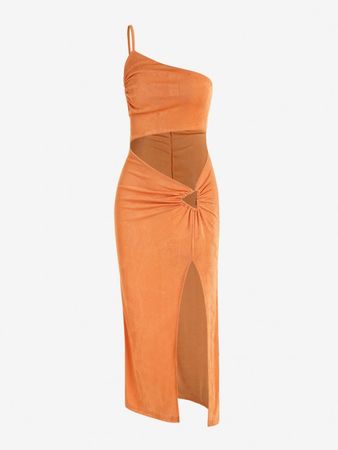 One Shoulder Jersey Cut Out Slit Midi Dress In ORANGE | ZAFUL 2023