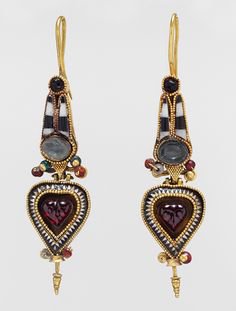Pair of gold earrings with an Egyptian Atef crown set with stones and glass | Greek | Hellenistic | The Metropolitan Museum of Art