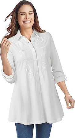 Woman Within Women's Plus Size Button-Front Embroidered Tunic at Amazon Women’s Clothing store