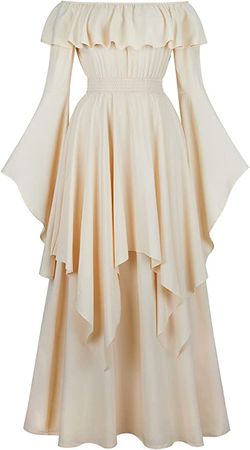Amazon.com: Renaissance Dress Women Medieval Ruffle Off The Shoulder Victorian Smocked Dress Beige Large : Clothing, Shoes & Jewelry
