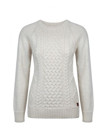 white cable-knit sweater