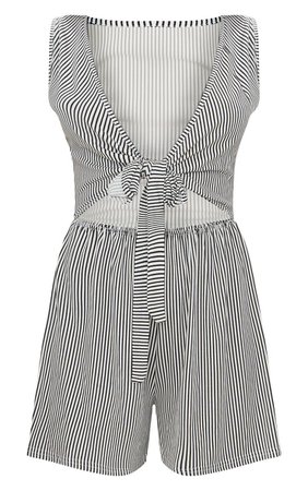 Monochrome Stripe Sleeveless Front Tie Romper | PrettyLittleThing USA