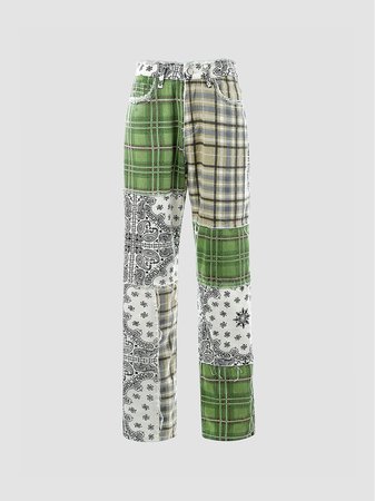Plaid Colorblock Patch Trousers | Bottoms | Shop.kollyy Women Trousers Casual Denim Asymmetric Green Trousers | kollyy