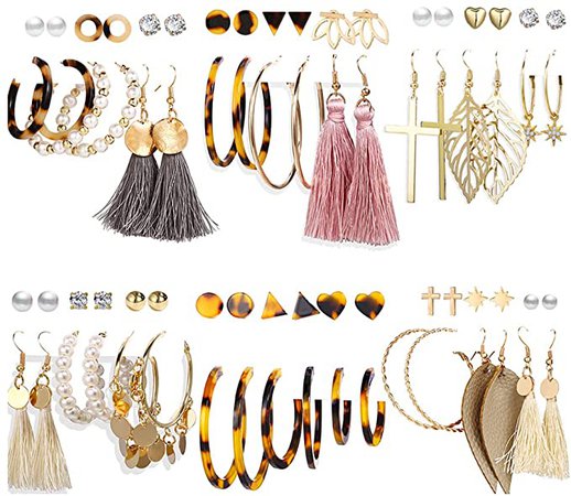 36 Pairs Fashion Tassel Earrings Set for Women Girls Gold Cross Dangle Leaf Earrings Bohemian Acrylic Hoop Stud Earrings for Birthday/Party/Dinner/Christmas: Clothing