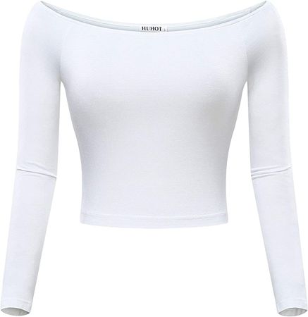 HUHOT Easter White Off Shoulder Tops for Teens Basic Long Sleeve Off-Shoulder Short Crop Stretchy Top … at Amazon Women’s Clothing store
