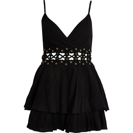 Black eyelet lace-up frill beach playsuit | River Island