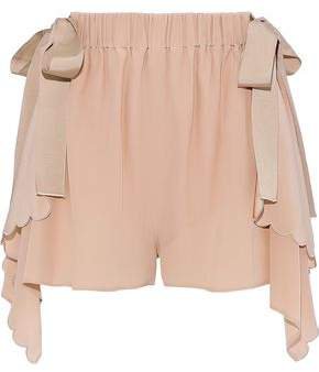 Bow-detailed Scalloped Silk Crepe De Chine Shorts