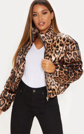 Leopard Print Satin Puffer | Coats & Jackets | PrettyLittleThing