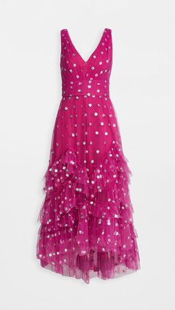 Sequin Dot Tulle Ruffle Midi Dress