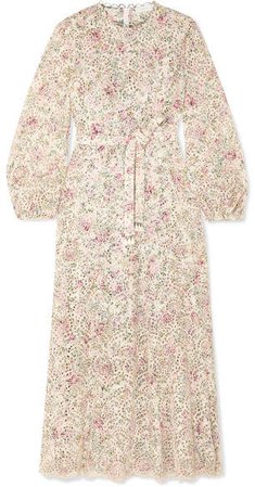 Honour Belted Floral-print Broderie Anglaise Cotton Midi Dress - Cream