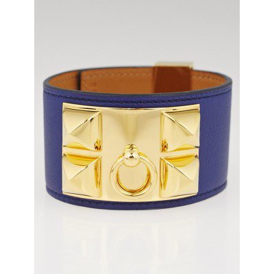 Hermes Blue Sapphire Swift Leather Gold Plated Collier de Chien Bracelet Size L - Yoogi's Closet