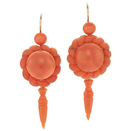 Victorian Carved Coral Pendant Earrings For Sale at 1stDibs