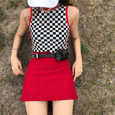 Outfit: Black and White Checkered Tank Top + Red Pencil Miniskirt