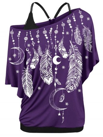 [19% OFF] 2019 Plus Size Skew Neck Feather Print T-shirt And Cami Top Twinset In PURPLE IRIS | DressLily