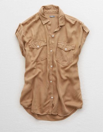 Aerie Short Sleeve Camp Shirt, Dark Tan | Aerie for American Eagle