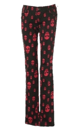 black lowrise skinny jeans w/ red skull pattern