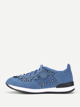 Lace Up Denim Flower Sneakers