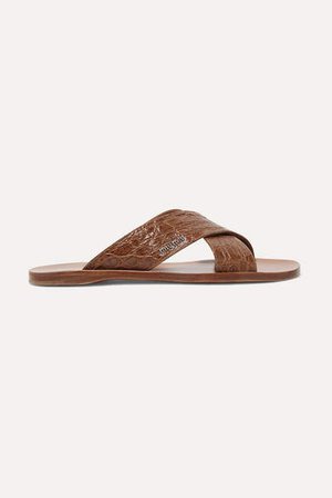 Croc-effect Leather Slides - Brown