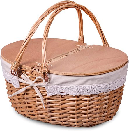 Amazon.com: Wicker Picnic Basket with Wooden Lids Large Picknick Hamper with Handle and Washable Liner for Camping,Valentine Day,Birthday, White : Patio, Lawn & Garden