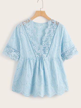 Eyelet Embroidery Lace Panel Smock Blouse | SHEIN