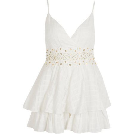 White eyelet lace-up frill beach playsuit | River Island