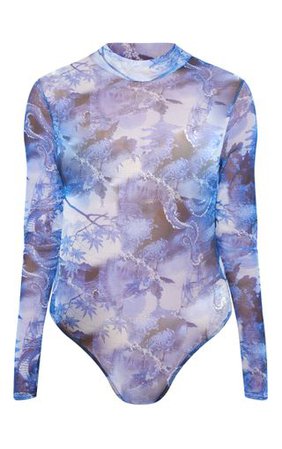 Blue Oriental Printed Mesh High Neck Bodysuit | PrettyLittleThing