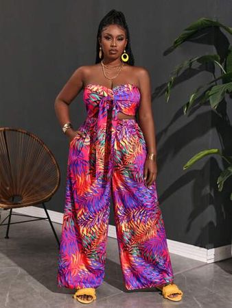 SHEIN Slayr Plus Size Women Casual & Holiday Leisure Tropical Plant Pattern Strapless Tie-Up Wide Leg Pants Two-Piece Set | SHEIN USA