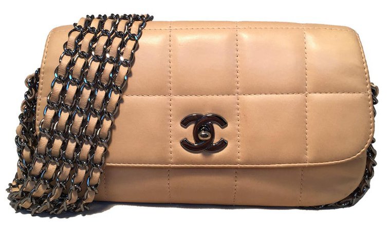 Chanel Nude Square Quilted Leather 5 Chain Classic Flap Shoulder Bag For Sale at 1stdibs