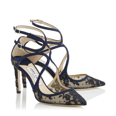 Navy Floral Lace and Suede Pointy Toe Strappy Pumps| LANCER 85| Pre Fall 19 | JIMMY CHOO