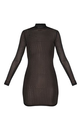 Black High Neck Diamante Detail Mesh Bodycon Dress | PrettyLittleThing USA