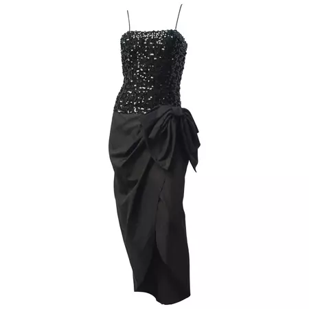 80s Black Sequin Cocktail Dress For Sale at 1stDibs