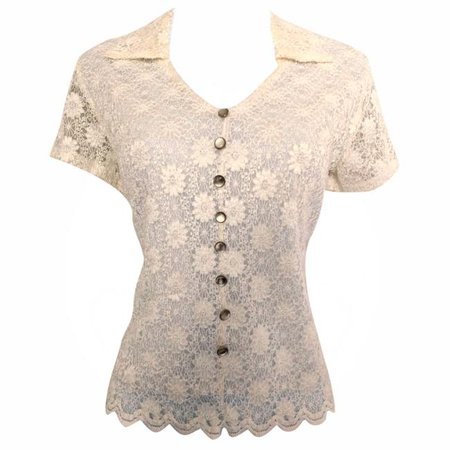 Ivory Y2k 90s 00s Crochet Lace Collared White Floral Blouse Size 6 (S) - Tradesy