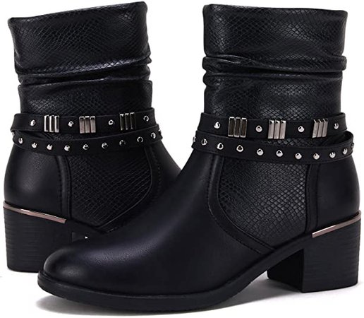 Amazon.com | Women’s Round Toe Ankle Boots Chunky Stacked Heel Zipper Rivet Strappy Winter Booties for Women | Shoes