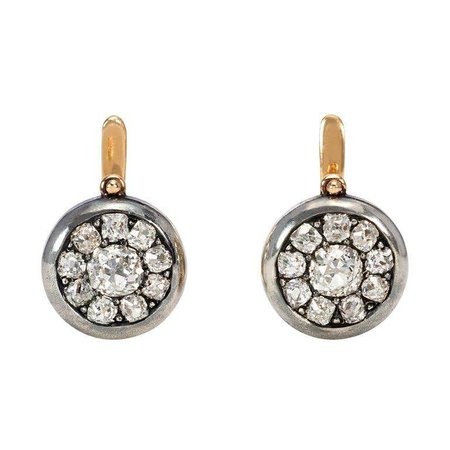 Victorian Old Mine Diamond Cluster Drop Earrings in Silver-Topped Gold For Sale at 1stDibs