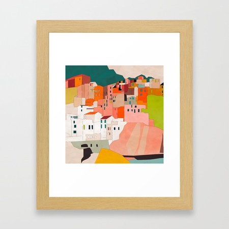 italy coast houses minimal abstract painting Framed Art Print by anarutbre | Society6