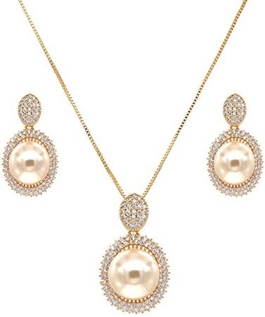 Pearl Necklace & Earrings Gold Plated