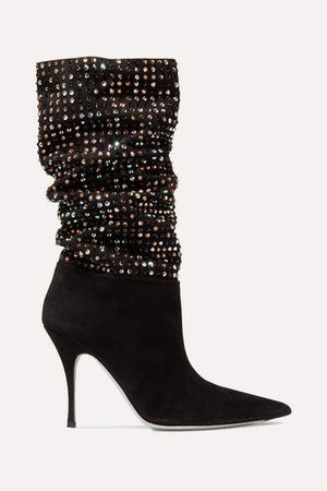 Crystal-embellished Suede Ankle Boots - Black