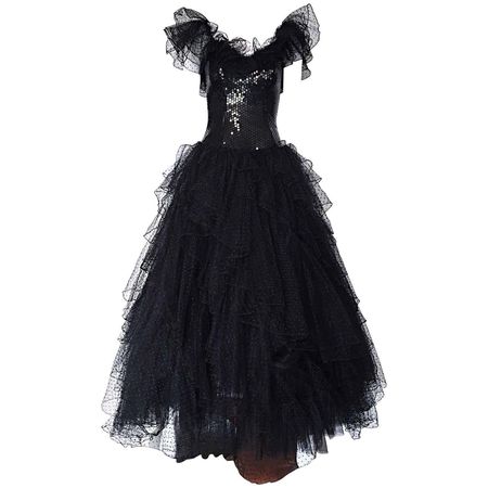 Incredible Vintage David Fielden 80s Black Silk Sequin Tulle British Ball Gown For Sale at 1stDibs | vintage black gown, black ball gown tulle, vintage black ball gown