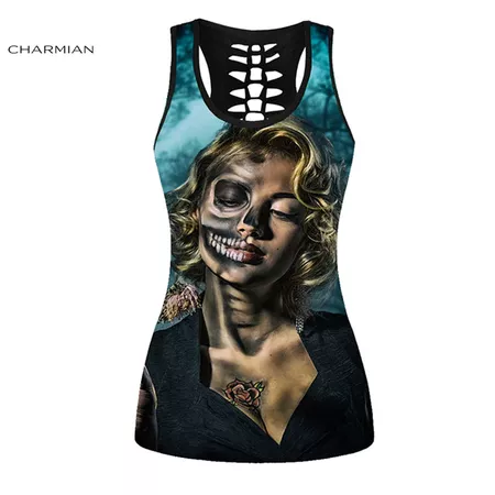 Charmian Women's Sexy Summer Vest Gothic Tank Top Casual 3D Digital Floral Skull Print Halloween Tops Hollow out Girls Clothing-in Tank Tops from Women's Clothing on Aliexpress.com | Alibaba Group