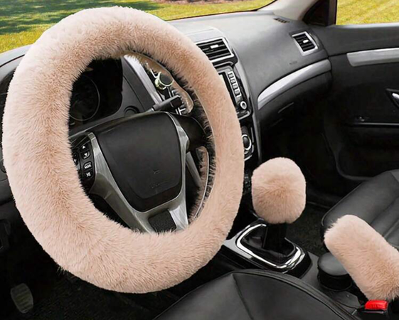 fuzzy creme wheel cover and stick shift accessories