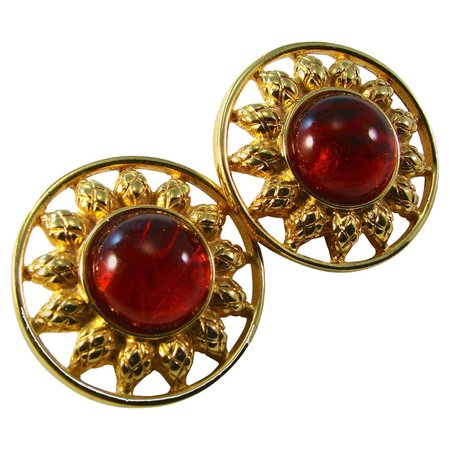 Vintage 1980s Fendi Gold And Red Glass Sun Earrings